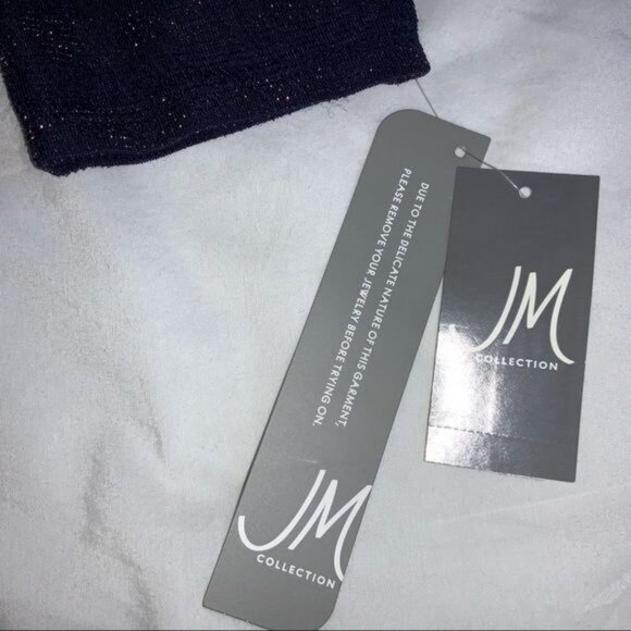 JM Collection Navy Metallic Stripe Asymmetrical Hem Top L - Picture 4 of 4